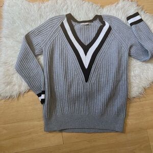 Joan Vass Deep V Knit Printed Detailed Sweater large